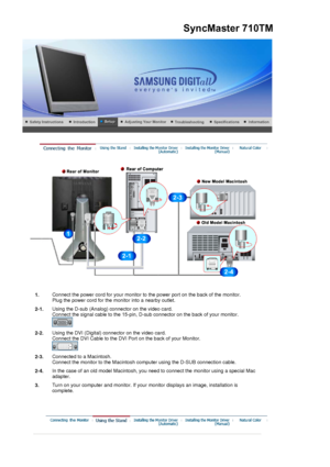 Page 23 
1.Connect the power cord for your monitor to the power port on the back of the monitor. 
Plug the power cord for the monitor into a nearby outlet.
2-1. Using the D-sub (Analog) connector on the video card.  
Connect the signal cable to the 15-pin, D-sub connector on the back of your monitor. 
 
2-2.Using the DVI (Digital) connector on the video card. 
Connect the DVI Cable to the DVI Port on the back of your Monitor. 
 
2-3.Connected to a Macintosh. 
Connect the monitor to the Macintosh computer using...