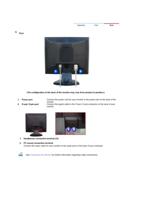 Page 14   
 
 
 
 
 
  
  
  
  
 
 
Rear  
(The configuration at the  back of the monitor may va ry from product to product.)   
  1. Power port
Connect the power cord for your monitor to the power port on the back of the 
monitor.
2. D-sub 15-pin port Connect the signal cable to the 15-pin, D-sub connector on the back of your 
monitor. 
1. Headphone connection terminal [ ] 
 
2. PC sound connection terminal  
Connect the audio cable for your monitor to the audio port on the back of your computer.  
See...