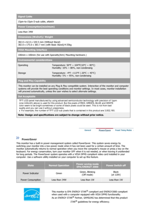 Page 51Signal Cable
15pin-to-15pin D-sub cable, attatch
Power Consumption(maximum)
Less than 34W 
Dimensions (WxDxH)/ Weight
382.0 x 62.0 x 320.5 mm (Without Stand) 
382.0 x 175.0 x 383.7 mm (with Basic Stand)/4.55kg
VESA Mounting Interface
100mm x 100mm (for use with Spec ialty(Arm) Mounting hardware.)
Environmental considerations
OperatingTemperature: 50°F ~ 104°F(10°C ~ 40°C)  
Humidity: 10% ~ 80%, non-condensing
StorageTemperature: -4°F ~113°F (-20°C ~ 45°C)  
Humidity: 5% ~ 95%, non-condensing
Plug and...