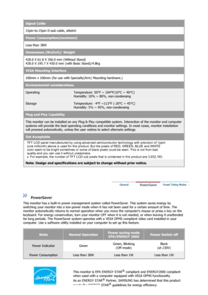 Page 54Signal Cable
15pin-to-15pin D-sub cable, attatch
Power Consumption(maximum)
Less than 38W 
Dimensions (WxDxH)/ Weight
428.0 X 61.8 X 356.0 mm (Without Stand) 
428.0 X 195.7 X 430.0 mm (with Basic Stand)/4.8kg
VESA Mounting Interface
100mm x 100mm (for use with Spec ialty(Arm) Mounting hardware.)
Environmental considerations
OperatingTemperature: 50°F ~ 104°F(10°C ~ 40°C)  
Humidity: 10% ~ 80%, non-condensing
StorageTemperature: -4°F ~113°F (-20°C ~ 45°C)  
Humidity: 5% ~ 95%, non-condensing
Plug and Play...