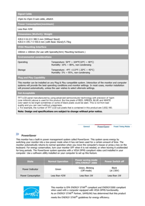 Page 63Signal Cable
15pin-to-15pin D-sub cable, attatch
Power Consumption(maximum)
Less than 42W 
Dimensions (WxDxH)/ Weight
428.0 X 61.8 X 380.5 mm (Without Stand) 
428.0 X 195.7 X 430.0 mm (with Basic Stand)/5.75kg
VESA Mounting Interface
100mm x 100mm (for use with Spec ialty(Arm) Mounting hardware.)
Environmental considerations
OperatingTemperature: 50°F ~ 104°F(10°C ~ 40°C)  
Humidity: 10% ~ 80%, non-condensing
StorageTemperature: -4°F ~113°F (-20°C ~ 45°C)  
Humidity: 5% ~ 95%, non-condensing
Plug and...