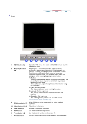 Page 11 
 
 
 Front  
 
 
  1. MENU button [ ] 
 
Opens the OSD menu. Also use to exit the OSD menu or return to 
the previous menu.  
2. MagicBright button   [] 
 
 
 
 
MagicBright is a new feature providing optimum viewing 
environment depending on the contents of the image you are 
watching. Currently four different modes are available: Custom, 
Text, Internet, and Entertain. Each mode has its own pre-
configured brightness value. You can easily select one of four 
settings by simply pressing MagicBright...