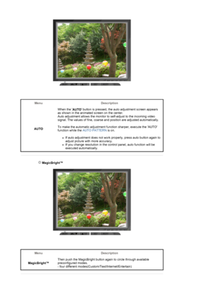 Page 22Menu Description
AUTO When the 
AUTO button is pressed, the auto adjustment screen appears 
as shown in the animated screen on the center. 
Auto adjustment allows the monitor to self-adjust to the incoming video 
signal. The values of fine, coarse and position are adjusted automatically.  
 
To make the automatic adjustment function sharper, execute the AUTO 
function while the AUTO PATTERN is on. 
zIf auto adjustment does not work properly, press auto button again to 
adjust picture with more accuracy....