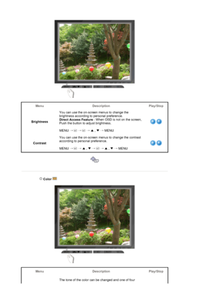 Page 24Menu Description Play/Stop
BrightnessYou can use the on-screen menus to change the 
brightness according to personal preference.  
Direct Access Feature : When OSD is not on the screen, 
Push the button to adjust brightness.  
MENU →  →  → ▲ , ▼ → MENU 
ContrastYou can use the on-screen menus to change the contrast 
according to personal preference. 
MENU →  → ▲ , ▼ →  → ▲ , ▼ → MENU 
 
 
 
 
 Color   
Menu Description Play/Stop
The tone of the color can be changed and one of four 
 