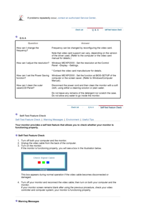 Page 31 
 If problems repeatedly occur, contact an authorized Service Center .
 
 
 Q & A  
Question  
Answer 
How can I change the 
frequency? Frequency can be changed by reconfiguring the video card.  
 
Note that video card support can vary, depending on the version 
of the driver used. (Refer to the computer or the video card 
manual for details.) 
How can I adjust the resolution? Windows ME/XP/2000 : Set the resolution at the Control  Panel→Display
→Settings.  
 
* Contact the video card manufacturer for...