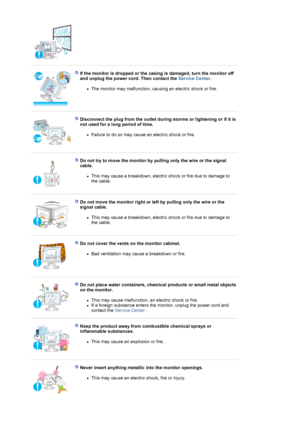 Page 7 
 
If the monitor is dropped or the casing is damaged, turn the monitor off 
and unplug the power cord. Then contact the Service Center. 
zThe monitor may malfunction, causing an electric shock or fire.  
 
 
Disconnect the plug from the outlet during storms or lightening or if it is 
not used for a long period of time. 
zFailure to do so may cause an electric shock or fire.  
 
 
Do not try to move the monitor by pulling only the wire or the signal 
cable. 
zThis may cause a breakdown, electric shock...