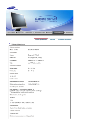 Page 46     
Üldspetsifikatsioonid
Üldinformatsioon
Mudeli nimetus SyncMaster 720NA
LCD-paneel
Suurus Diagonaal: 17,0 tolli
Nähtav ala 337,92 (H) x 270,336 (V)
Punktisamm 0,264mm (H) x 0,264mm (V)
Tüüp  a-si TFT aktiivmaatriks
Sünkroniseerimine
Horisontaalne 30 ~ 81 kHz
Vertikaalne 56 ~ 75 Hz
Ekraani värvid
16.194.277 
Eraldusvõime
Optimaalne eraldusvõime 1280 x 1024@60 Hz
Maksimaalne eraldusvõime 1280 x 1024@75 Hz
Sisendsignaal, lõpetatud
RGB analoog 0,7 Vpp, positiivne tasemel 75  
Eraldi H/V sünkr.,...