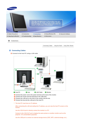 Page 16 
 
 
 Connecting Cables
Connect to the host PC using a LAN cable 
 
 
 Host PCHubLAN CableMonitor
 
 
Connect the power cord to the power terminal at the back of the monitor.  
Connect the mouse and the keyboard to the USB ports.  
Connect the LAN port on the back of the monitor and the hub.  
Connect the hub and the LAN port of the host PC.  
The host PC must have an IP address.  
 
After connecting the LAN and setting the IP address, you can view the host PC screen on the 
monitor.  
 
Use the VGA IN...