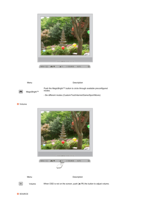 Page 47 
 
 
 
 
 
  
Menu Description
 
MagicBright™ Push the MagicBright™ button to circle through available preconfigured 
modes.  
 
- Six different modes (Custom/Text/Internet/Game/Sport/Movie) 
Volume 
 
Menu Description
 
Volume  When OSD is not on the screen, push [
▲/ ] the button to adjust volume. 
SOURCE
 