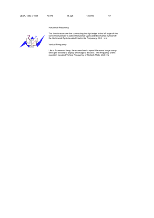 Page 65 
 
VESA, 1280 x 
1024 79.976 75.025 135.000 +/+
Horizontal Frequency
The time to scan one line connecting the right edge to the left edge of the 
screen horizontally is called Horizontal Cycle and the inverse number of 
the Horizontal Cycle is called Horizontal Frequency. Unit : kHz 
Vertical Frequency
Like a fluorescent lamp, the screen has to repeat the same image many 
times per second to display an image to the user. The frequency of this 
repetition is called Vertical Frequency or Refresh Rate....