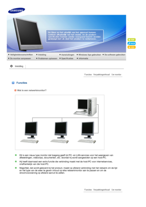 Page 12 
 
 
 
 
 
 
Functies
Wat is een netwerkmonitor?
Dit is een nieuw type monitor dat toegang geeft tot PC- en LAN-services voor het weergeven van 
afbeeldingen, videoclips, documenten, etc. doordat hij wordt aangesloten op een host-PC.
Hij heeft daarnaast een extra func tie die verbinding maakt met de host-PC voor internetservices, 
onafhankelijk van die host-PC.
MagicNet, dat wordt geleverd bij het product, maakt op afstand verbinding met het netwerk om de tijd 
en het type van de weer te geven inhoud op...