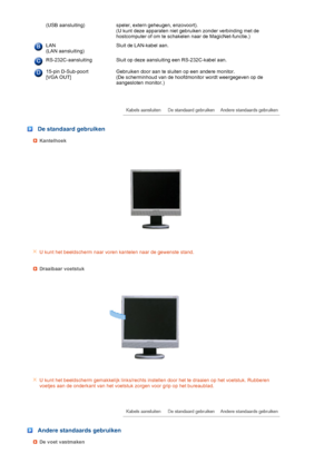 Page 19  (USB aansluiting) speler, extern geheugen, enzovoort).  
(U kunt deze apparaten niet gebruiken zonder verbinding met de 
hostcomputer of om te schakelen naar de MagicNet-functie.) 
LAN  
(LAN aansluiting)Sluit de LAN-kabel aan. 
RS-232C-aansluiting Sluit op deze aansluiting een RS-232C-kabel aan.
15-pin D-Sub-poort  
[VGA OUT] Gebruiken door aan te sluiten op een andere monitor.  
(De scherminhoud van de hoofdmonitor wordt weergegeven op de 
aangesloten monitor.)
 
 
 
 
De standaard gebruiken...