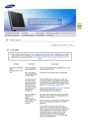 Page 57 
 
Controlelijst
Voordat u de serviceafdeling belt, moet u eerst de informatie in dit hoofdstuk raadplegen om te kijken of u het probleem zelf kunt oplossen. Als u werkelijk  hulp nodig hebt, kunt u contact opnemen via het 
telefoonnummer op de garantiekaart,  via het telefoonnummer uit het hoofdstuk Informatie of met uw 
dealer. 
Probleem Controlelijst Oplossingen
Het scherm geeft geen 
beeld.  
Ik krijg de monitor niet 
aan. Is de stroomkabel 
goed aangesloten?
Kijk of de stroomkabel goed is...