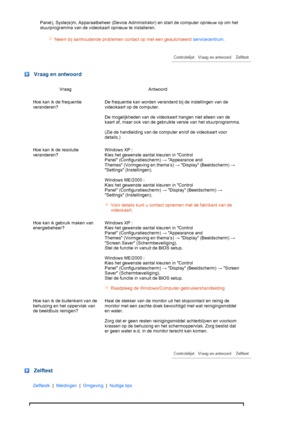 Page 61  Panel), Syste(e)m, Apparaatbeheer (Device Administrator) en start de computer opnieuw op om het 
stuurprogramma van de videokaart opnieuw te installeren. Neem bij aanhoudende problemen contact op met een geautoriseerd servicecentrum.
 
Vraag en antwoord
Vraag Antwoord
Hoe kan ik de frequentie 
veranderen?De frequentie kan worden veranderd bij de instellingen van de 
videokaart op de computer.  
 
De mogelijkheden van de videokaart hangen niet alleen van de 
kaart af, maar ook van de gebruikte versie...