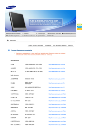 Page 69 
 
 Contact Samsung wereldwijd
Wanneer u suggesties of vragen heeft met betrekking tot Samsung producten, gelieve 
contact op te nemen met de consumenten dienst van Samsung 
North America
U.S.A 1-800-SAMSUNG (726-7864) http://www.samsung.com/us
CANADA 1-800-SAMSUNG (726-7864) http://www.samsung.com/ca 
MEXICO 01-800-SAMSUNG (726-7864) http://www.samsung.com/mx
Latin America
ARGENTINE 0800-333-3733 http://www.samsung.com/ar 
BRAZIL 0800-124-421 
4004-0000 http://www.samsung.com/br
CHILE...