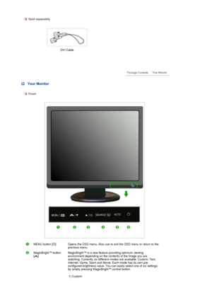 Page 13 
 
 
 Sold separately
   
 DVI Cable
 
 
 
 
 Your Monitor
Front
 
MENU button [ ]  
 Opens the OSD menu. Also use to exit the OSD menu or return to the 
previous menu. 
MagicBright™ button  
[]  
 
 
 
 MagicBright™ is a new feature providing optimum viewing 
environment depending on the contents of the image you are 
watching. Currently six different modes are available: Custom, Text, 
Internet, Game, Sport and Movie. Each mode has its own pre-
configured brightness value. You can easily select one of...