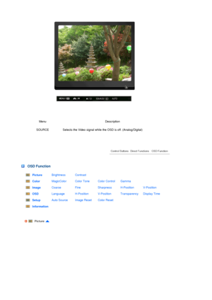 Page 43 
 
 
  
Menu Description
SOURCE Selects the Video signal while the OSD is off. (Analog/Digital) 
 
 
OSD Function 
Picture Brightness  Contrast
Color MagicColor  Color Tone  Color Control  Gamma
Image Coarse  Fine  Sharpness  H-Position  V-Position
OSD Language  H-Position  V-Position  Transparency  Display Time
Setup Auto Source  Image Reset  Color Reset
Information
 
 
Picture 
 