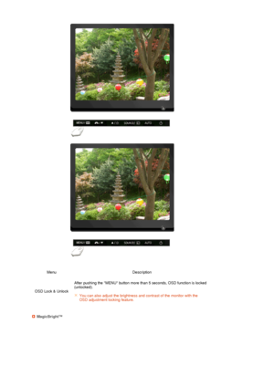 Page 51 
 
 
  
 
Menu Description
OSD Lock & UnlockAfter pushing the MENU button more than 5 seconds, OSD function is locked
(unlocked).  
 
You can also adjust the brightness and contrast of the monitor with the 
OSD adjustment locking feature.
MagicBright™
 