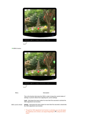 Page 46 
 
 
 
   MENU button 
 
Menu Description
OSD Lock & Unlock This is the function that locks the OSD in order to keep the current states of 
settings or prevent others from adjusting the current settings.  
 
Loc k
 : Hold down the menu button for more than five seconds to activate the 
OSD adjustment lock function.  
 
Unlock  : Hold down the menu button for more than five seconds to deactivate 
the OSD adjustment lock function.  
 
 
Th ough the OSD adjustment lock function is activated, you can still...