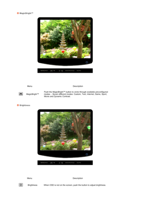 Page 47 
 
 
 
 
 
 
 MagicBright™ 
Menu Description
 
MagicBright™ Push the MagicBright™ button to circle through available preconfigured 
modes. - Seven different modes: Custom, Text, Internet, Game, Sport, 
Movie and Dynamic Contrast. 
Brightness
 
Menu Description
 
Brightness When OSD is not on the screen, push the button to adjust brightness.
 