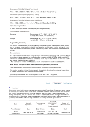 Page 151Dimensions (WxHxD)/ Weight (Pivot Stand)
407.6 x 408.0 x 200.0mm / 16.0 x 16.1 x 7.9 inch (with Basic Stand) / 5.55 kg
Dimensions (WxHxD)/ Weight (Sliding Stand)
407.6 x 408.0 x 200.0mm / 16.0 x 16.1  x 7.9 inch (with Basic Stand) / 5.7 kg
Dimensions (WxHxD)/ Weight (Lowest HAS Stand)
407.6 x 368.2 x 200.0 mm / 16.0 x 14.5 x 7.9 inch (with Basic Stand) / 5.8 kg
VESA Mounting Interface
75 mm x 75 mm (for use with Specialty(Arm) Mounting hardware.)
Environmental considerations
Operating Temperature: 50 °F...