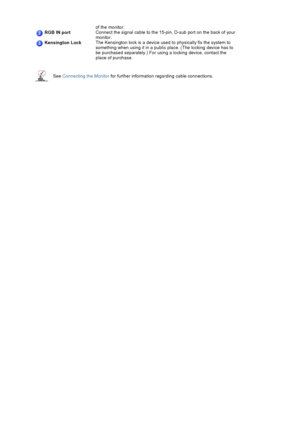 Page 25of the monitor.
RGB IN portConnect the signal cable to the 15-pin, D-sub port on the back of your 
monitor. 
Kensington LockThe Kensington lock is a device used to physically fix the system to 
something when using it in a public place. (The locking device has to 
be purchased separately.) For using a locking device, contact the 
place of purchase.
See
Connecting the Monitor  for further information rega rding cable connections.
 