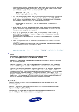 Page 1851. Adjust computer resolution and screen injection rate (refresh rate) oncomputer as described 
below to enjoy the best quality of picture. You can have an uneven quality of picture in the 
screen if the best quality of picture is not provided in TFT-LCD.  
{Resolution: 1280 x 1024  
{Vertical frequency (refresh rate): 60 Hz 
2. TFT LCD panels manufactured by using advanced semiconductor technology with precision  of 1ppm (one millionth)  above are used for this product.  But the pixels of RED, GREEN,...