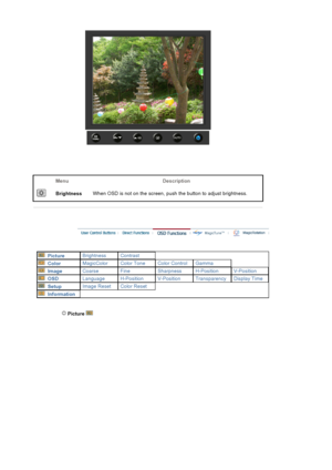 Page 65Menu Description
BrightnessWhen OSD is not on the screen, push 
the button to adjust brightness.
  Picture Brightness Contrast
  Color MagicColor Color Tone Color Control Gamma
  Image Coarse Fine Sharpness H-Position V-Position
  OSD Language H-Position V-Position Transparency Display Time
  Setup Image Reset Color Reset
  Information
 Picture   
 