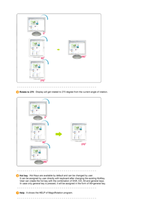 Page 42 
 
 
 Rotate to 270  : Display will get rotated to 270 degree from the current angle of rotation. 
 
 
 
 
 Hot key  : Hot Keys are available by default and can be changed by user.  
      It can be assigned by user directly with keyboard after changing the existing HotKey.  
      User can create the hot key with the combination of Shift, Ctrl, Alt and general keys. 
      In case only general key is pressed, it will be assigned in the form of Alt+general key. 
 
   Help  : It shows the HELP of...