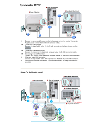 Page 13 
1.Connec t the power cord for your monit or t o t he pow er port  on the back  of  t he m onitor.  
Plu
g t he pow er c ord f or t he m onitor  into  a nearby out let.
2-1. Connec ting to a c omput er 
Connec t the signal cable to the 15-pin, D -sub connec tor on t he bac k of your monit or. 
2-2.Connec ting to a new  M acint osh  
Connec t the monit or t o t he M acint osh com puter using the 
D-SUB connec tion cable.
2-3. Connec ting to an old Mac intos h 
Connec t 
your  monit or t o t he M acint...