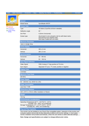 Page 66General
PowerSaver
Preset Timing 
Modes
 
 
 
General
Model NameSyncMaster 997DF
Picture Tube
Type19(48cm) DynaFlat (45.8cm viewable)
Deflection angle90 °
Dot Pitch0.20mm (Horizontal)
Screen typeAluminized tri-color phosphor dot trio with black matrix. 
Anti-doming invar shadow mask. 
Multi-layer coated with anti-static.
Maximum Resolution
1600 X 1200@ 76Hz
Active Display
Horizontal352 ± 3 mm
Vertical264 ± 3 mm
Synchronization
Horizontal30 ~ 96 kHz
Vertical50 ~ 160 Hz
Input Signal Definition
Video...