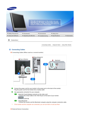Page 17 
 
 
 
 
 Connecting Cables
Connecting Cables (When used as a normal monitor)
Connect the power cord for your monitor to the power port on the back of the monitor.  
Plug the power cord for the monitor into a nearby outlet.
Use appropriate connection for your computer.
   
Using the D-sub (Analog) connector on the video card.  
- Connect the D-Sub Cable to the VGA IN port on the back of your monitor.  
 [VGA IN]
 Using Macintosh  
- Connect the monitor and the Macintosh computer using the computer...
