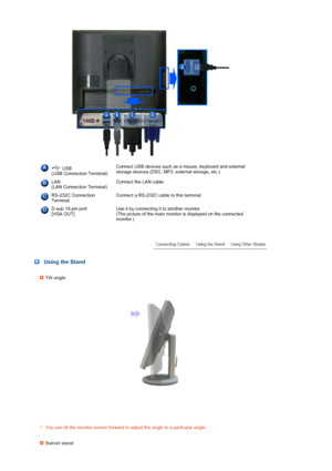 Page 18 
 
 USB  
(USB Connection Terminal) Connect USB devices such as a mouse, keyboard and external 
storage devices (DSC, MP3, external storage, etc.). 
LAN  
(LAN Connection Terminal)Connect the LAN cable. 
RS-232C Connection 
TerminalConnect a RS-232C cable to this terminal.
D-sub 15-pin port  
[VGA OUT] Use it by connecting it to another monitor.  
(The picture of the main monitor is displayed on the connected 
monitor.)
 
 
 
 Using the Stand
Tilt angle 
You can tilt the monitor screen forward to adjust...