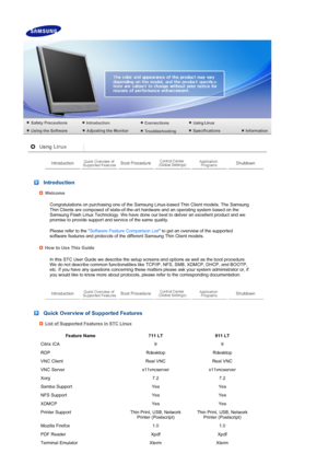 Page 21     
 
 
 
 Introduction 
Welcome
  Congratulations on purchasing one of the Samsung Linux-based Thin Client models. The Samsung  Thin Clients are composed of state-of-the-ar t hardware and an operating system based on the 
Samsung Flash Linux Technology. We have done our best to deliver an excellent product and we 
promise to provide support and service of the same quality. 
Please refer to the  Software Feature Comparison List  to get an overview of the supported 
software features and protocols of...