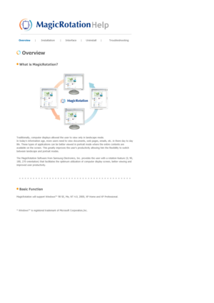 Page 48Overview |  Installation
 |  Interface
 |  Uninstall
 | Troubleshooting
 
 
 Overview 
 What is MagicRotation? 
 
 
Traditionally, computer displays allowed the user to view only in landscape mode. 
In todays information age, more users need to view do cuments, web pages, emails, etc. in there day to day 
life. These types of applications ca n be better viewed in portrait mode where the entire contents are 
available on the screen. This greatly  improves the users productivity allowing him the...