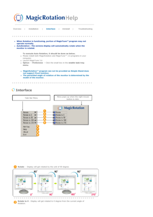 Page 53 
 
Overview |  Installation  |  Interface  |  Uninstall  | Troubleshooting  
 zWhen Rotation is functioning, portion of MagicTune™ program may not 
operate normally.  
zAutoRotation : The screens display will automatically rotate when the 
monitor is rotated. 
  
To execute Auto Rotation, it should be done as below.   
zPlease install both MagicRotation and MagicTune™ 3.6 programs in your 
computer.  
zLaunch MagicTune 3.6  zOption → Preference  → Click the small box in the  enable task tray 
menu ....