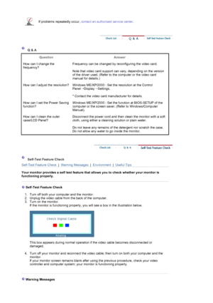 Page 61 If problems repeatedly occur, contact an authorized service center.
 
 
 Q & A 
Question Answer 
How can I change the 
frequency?Frequency can be changed by reconfiguring the video card.  
 
Note that video card support can vary, depending on the version 
of the driver used. (Refer to the computer or the video card 
manual for details.) 
How can I adjust the resolution? Windows ME/XP/2000 : Set the resolution at the Control 
Panel
→Display
→Settings.  
 
* Contact the video card manufacturer for...