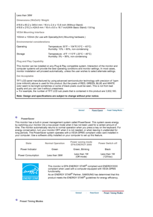 Page 91Less than 38W 
Dimensions (WxDxH)/ Weight 
416.6 x 60.2 x 349.4 mm / 16.4 x 2.4 x 13.8 inch (Without Stand)  
416.6 x 215.2 x 424.6 mm / 16.4 x 8.5 x 16.7 inch(With Basic Stand) / 5.6 kg
VESA Mounting Interface
100mm x 100mm (for use with Specialty(Arm) Mounting hardware.)
Environmental considerations
Operating Temperature: 50°F ~ 104°F(10°C ~ 40°C)  
Humidity: 10% ~ 80%, non-condensing
Storage Temperature: -4°F ~113°F (-20°C ~ 45°C)  
Humidity: 5% ~ 95%, non-condensing
Plug and Play Capability
This...