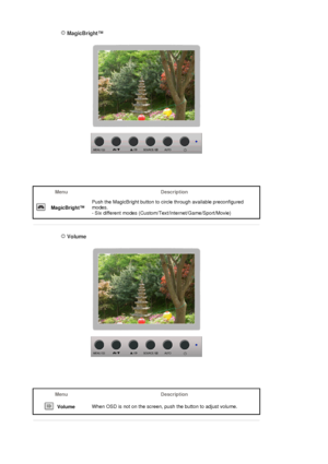 Page 29 MagicBright™ 
 
Menu Description
 
MagicBright™Push the MagicBright button to circle through available preconfigured 
modes. 
- Six different modes (Custom/Text/Internet/Game/Sport/Movie)
 
 
 Volume  
Menu Description
 
VolumeWhen OSD is not on the screen, push the button to adjust volume. 
 
 
 