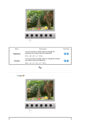 Page 31Menu Description Play/Stop
BrightnessYou can use the on-screen menus to change the 
brightness according to personal preference.  
 
[MENU→
  →
  →
 ,  →
 MENU]
ContrastYou can use the on-screen menus to change the contrast 
according to personal preference.  
 
[MENU→
  →
 ,  →
  →
 ,  →
 MENU]
 
 
 
 
 Color  
 