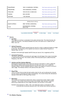 Page 46PHILIPPINES 1800-10-SAMSUNG (7267864)http://www.samsung.com/ph
SINGAPORE 1800-SAMSUNG (7267864)http://www.samsung.com/sg
THAILAND 1800-29-3232, 02-689-3232http://www.samsung.com/th
TAIWAN 0800-329-999http://www.samsung.com/tw
VIETNAM 1 800 588 889http://www.samsung.com/vn
 
 
Middle East & Africa 
SOUTH AFRICA 0860 7267864 (SAMSUNG)http://www.samsung.com/za
U.A.E800SAMSUNG (7267864) 
8000-4726http://www.samsung.com/mea
 
 
 Terms 
 
Dot Pitch 
The image on a monitor is composed of red, green and blue...