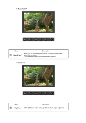 Page 25 MagicBright™ 
 
Menu Description
 
MagicBright™Then push the MagicBright button again to circle through available 
preconfigured modes. 
- Four different modes(Custom/Text/Internet/Entertain) 
 
 
 Brightness 
Menu Description
 
BrightnessWhen OSD is not on the screen, push the button to adjust brightness.
 
 
 