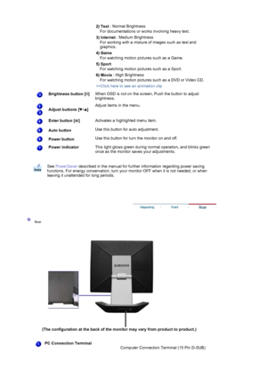Page 11 
 
  
 
2) Text
 : Normal Brightness 
For documentations or wo rks involving heavy text.
3) Internet  : Medium Brightness 
For working with a mixture of images such as text and 
graphics.
4) Game  
For watching motion pict ures such as a Game.
5) Sport  
For watching motion pictures such as a Sport.
6) Movie  : High Brightness 
For watching motion pictures such as a DVD or Video CD.
>>Click here to see an animation clip  
Brightness button [ ] 
 When OSD is not on the screen, Push the button to adjust...