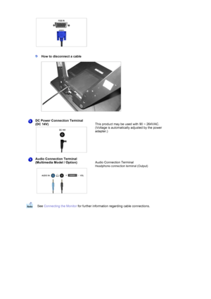 Page 12 
 
  
  
  
  
 
 
 
  
How to disconnect a cable 
  
 
 
   
DC Power Connection Terminal  
(DC 14V) 
 
  
This product may be used with 90 ~ 264VAC.  
(Voltage is automatically adjusted by the power 
adapter.) 
 
Audio Connection Terminal  
(Multimedia Model / Option) 
 
  
Audio Connection Terminal 
 
See  Connecting the Monitor  for further information re garding cable connections.
 
 
 
  Headphone  connection  terminal  (Output)  
 