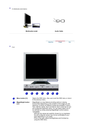 Page 14 
 For Multimedia model (Option) 
 
  Multimedia modelAudio Cable
 
 
 
 
 Front  
 
 
Menu button [ ] 
 Opens the OSD menu. Also use to exit the OSD menu or return 
to the previous menu.  
MagicBright button  
[] 
 
 
 
 MagicBright is a new feature providing optimum viewing 
environment depending on the contents of the image you are 
watching. Currently six different modes are available: Custom, 
Text, Internet, Game, Sport and Movie. Each mode has its own 
pre-configured brightness value. You can...