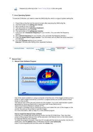 Page 27frequency by referring to the Preset Timing Modes in the user guide.
 
 
    Linux Operating System 
 
        To execute X-Window, you need to make th e X86Config file, which is a type of system setting file. 
 
  1. Press Enter at the first and the second screen after executing the X86Config file.  
2. The third screen is for  setting your mouse.  
3. Set a mouse for your computer.  
4. The next screen is for  selecting a keyboard.  
5. Set a Keyboard for your computer.  
6. The next screen is for...
