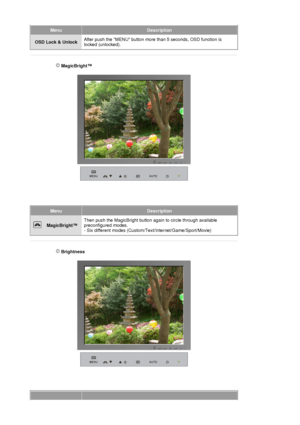 Page 51MenuDescription
OSD Lock & UnlockAfter push the MENU bu
tton more than 5 seconds, OSD function is 
locked (unlocked).
 
 MagicBright™ 
 
MenuDescription
 MagicBright™Then push the MagicBright button again to circle through available 
preconfigured modes. 
- Six different modes (Custom/Te
xt/Internet/Game/Sport/Movie) 
 
 
 Brightness 
 