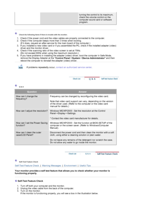 Page 70 
turning the control to its maximum, 
check the volume control on the 
computer sound card or software 
program.
 
 
 
 Check the following items if there is trouble with the monitor.  
1. Check if the power cord and the video cables are properly connected to the computer.  
2. Check if the computer beeps more than 3 times when booting. 
(If it does, request an after-service for the main board of the computer.)  
3. If you installed a new video card or if you assembled the PC, check if the installed...