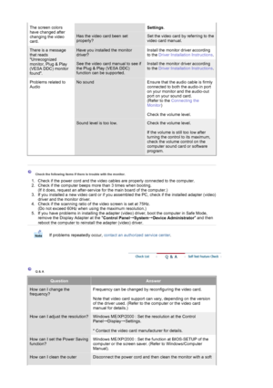 Page 74 
The screen colors 
have changed after 
changing the video 
card.Settings. 
Has the video card been set 
properly?Set the video card by referring to the 
video card manual. 
There is a message 
that reads 
Unrecognized 
monitor, Plug & Play 
(VESA DDC) monitor 
found. Have you installed the monitor 
driver?Install the monitor driver according 
to the 
Driver Installation Instructions .
See the video card manual to see if 
the Plug & Play (VESA DDC) 
function can be supported. Install the monitor driver...