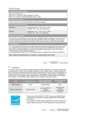 Page 81less than 34 watts
Dimensions (WxDxH)/ Weight
388 x 50.4 x 323.90 mm 
388 x 215.7 x 406.3 mm (After installation of Stand) 
388 x 77.0 x 323.9 mm (After folding the Stand) / 6.0kg
VESA Mounting Interface
75mm x 75mm (for use with Specialty(Arm) Mounting hardware.)
Environmental considerations
OperatingTemperature: 50°F ~ 104°F(10°C ~ 40°C)  
Humidity: 10% ~ 80%, non-condensing
StorageTemperature: -4°F ~113°F (-20°C ~ 45°C)  
Humidity: 5% ~ 95%, non-condensing
Plug and Play Capability
This monitor can be...